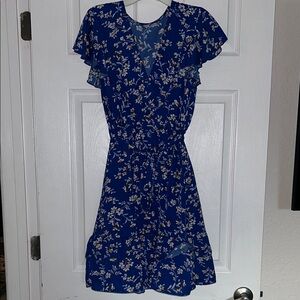 Floral Blue Dress with Ruffles Adjustable Removable Waist Tie